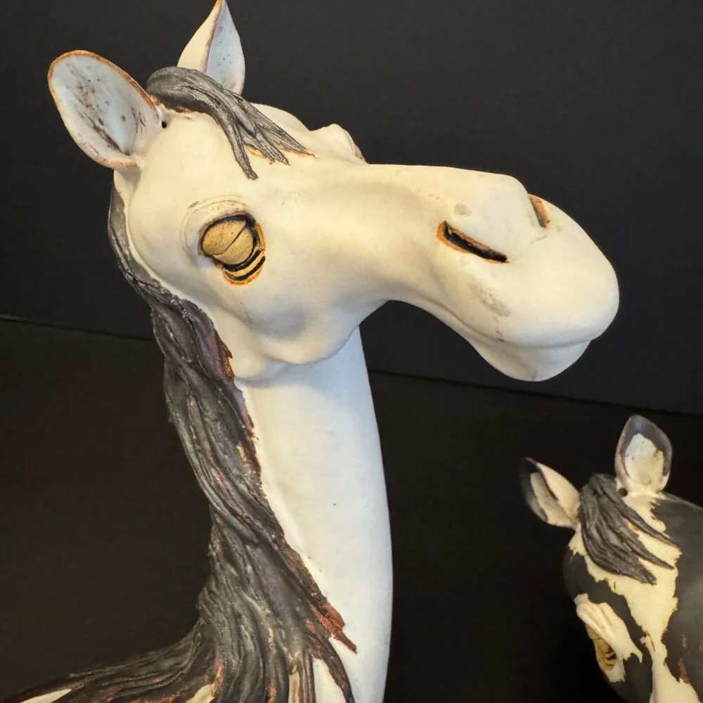 Handcrafted Ceramic Horse Figurines Set Of 2 Stamped Bier 2003 Painted White & G - Picture 2 of 16